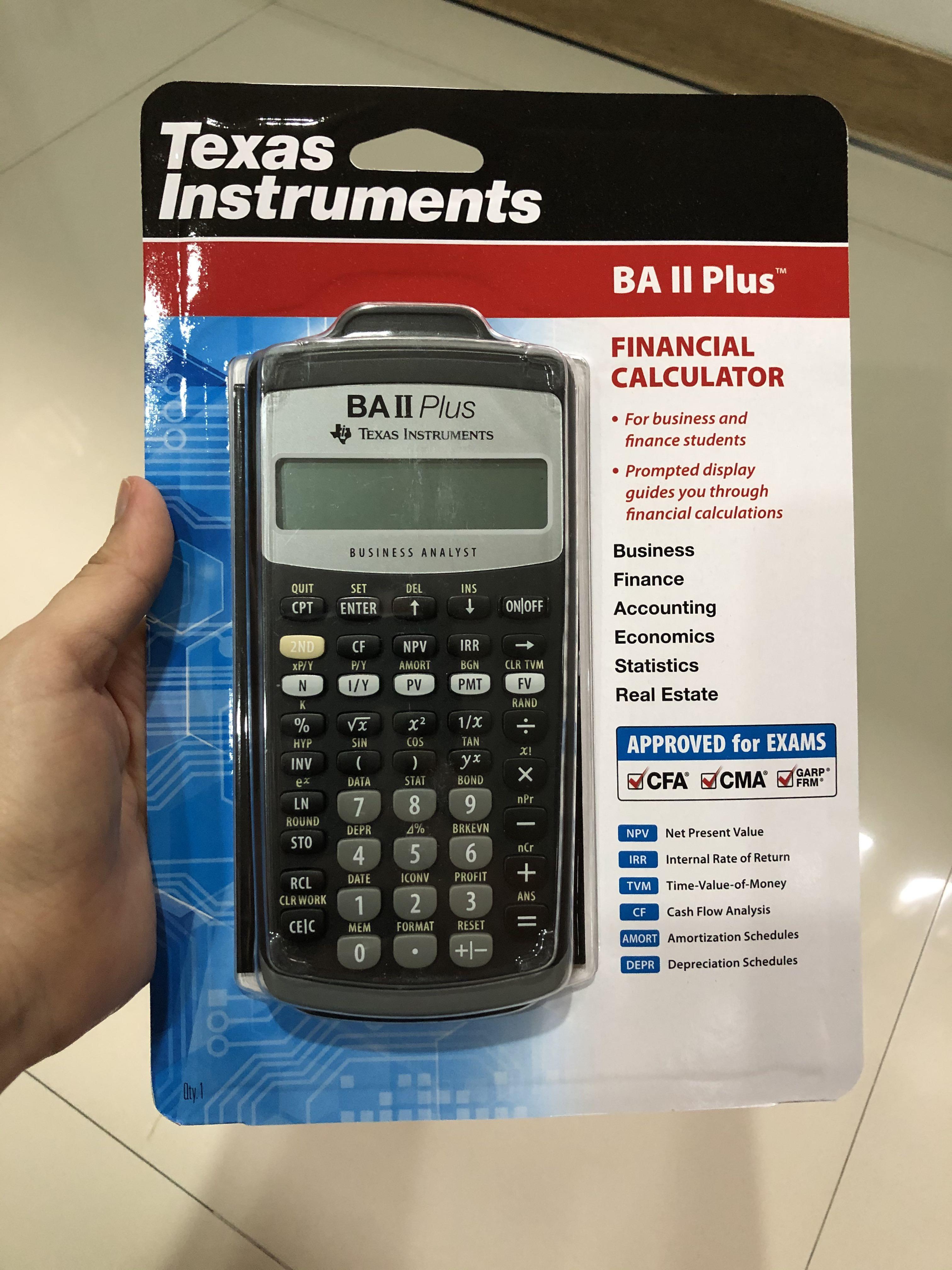 BNEW Texas Instruments BA II 2 Plus Financial Calculator (Category: Office & Business Technology) located in Caloocan City. Submitted by starrie.wolf (Listing ID 239326121, Image 1). Description: Brand new, sealed, authentic, original Texas Instruments BA 2 Plus Financial Calculator - latest model bought from USA - August 2021 - With 1 week replacement warranty - PhP 3600 at NBS - valid for CFA, FRM, Actuary Package includes: - calculator w lithi
