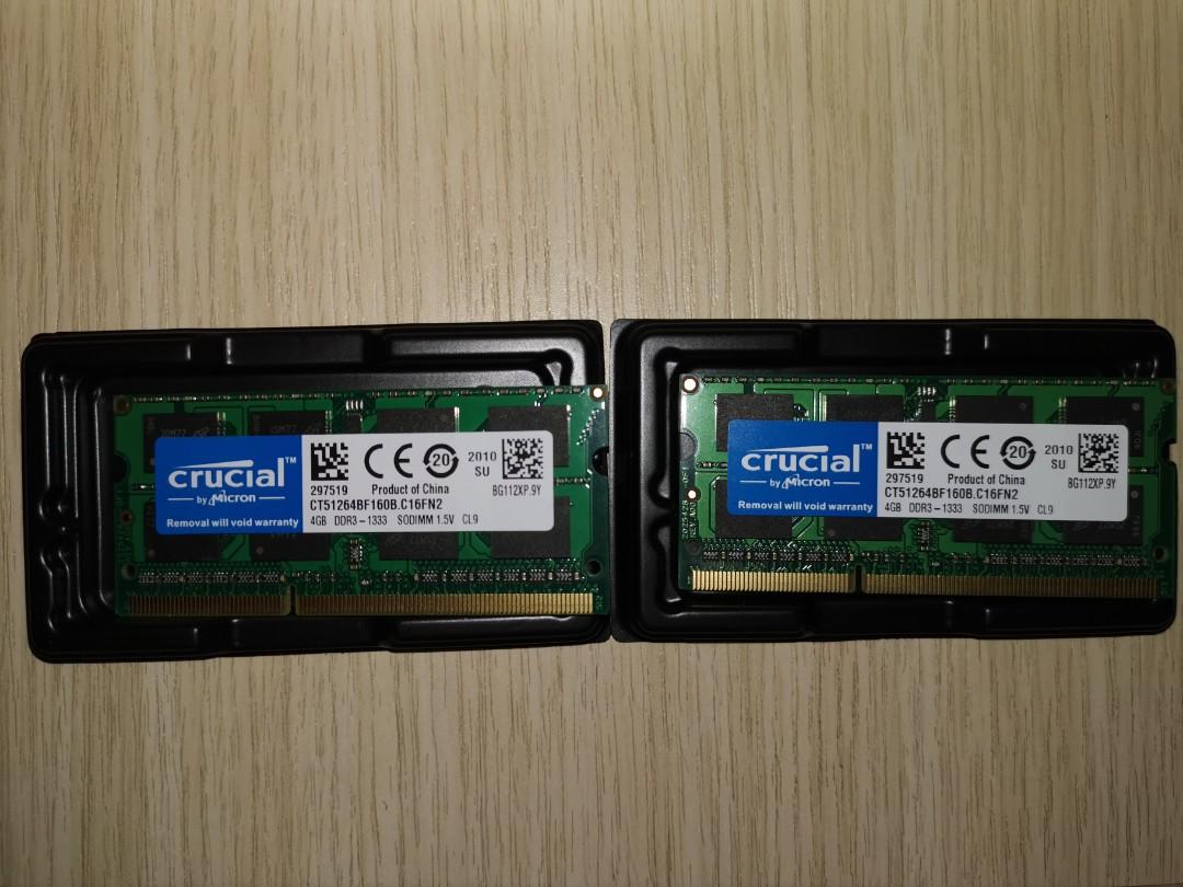 2pcs Crucial 8GB 2RX8 PC3-10600S DDR3 1333MHz 204pin Sodimm Laptop Memory RAM SU 