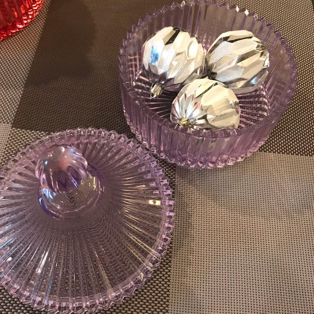 Decorative glass container (Category: Storage Boxes & Baskets) located in Antipolo. Submitted by myhikaw (Listing ID 1052182867, Image 2). Description: Lavender. Good condition. Multipurpose - for food, jewelries or accessories or just a decor W-15 cm, H-6 cm.