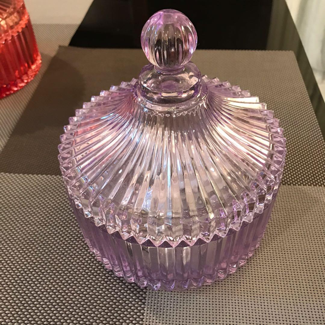 Decorative glass container (Category: Storage Boxes & Baskets) located in Antipolo. Submitted by myhikaw (Listing ID 1052182867, Image 1). Description: Lavender. Good condition. Multipurpose - for food, jewelries or accessories or just a decor W-15 cm, H-6 cm.