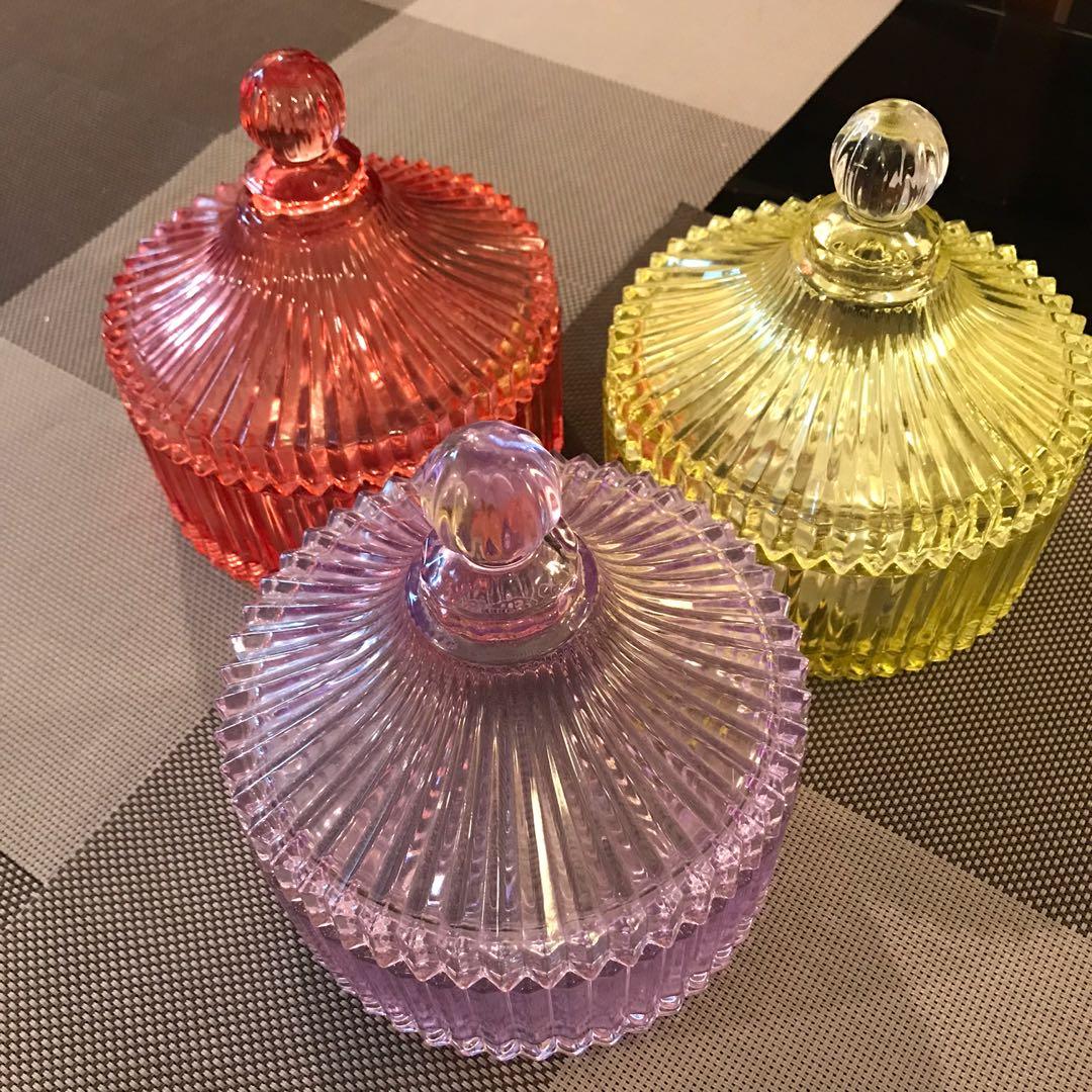 Decorative glass containers (Category: Storage Boxes & Baskets) located in Antipolo. Submitted by myhikaw (Listing ID 1052185565, Image 1). Description: Red, yellow and lavender Good condition Can be used as decor, food or jewelries containers. W-15 cm H-6 cm.