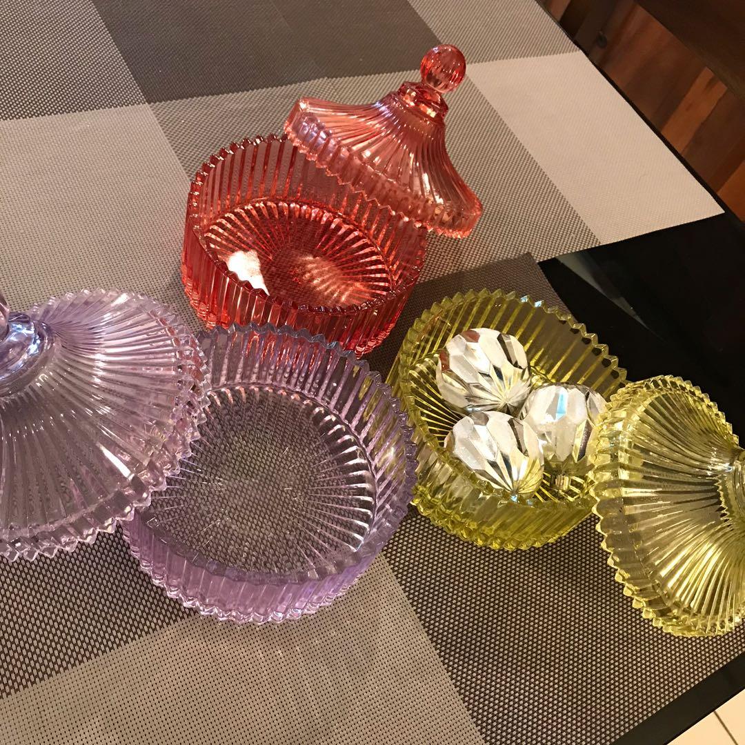 Decorative glass containers (Category: Storage Boxes & Baskets) located in Antipolo. Submitted by myhikaw (Listing ID 1052185565, Image 2). Description: Red, yellow and lavender Good condition Can be used as decor, food or jewelries containers. W-15 cm H-6 cm.