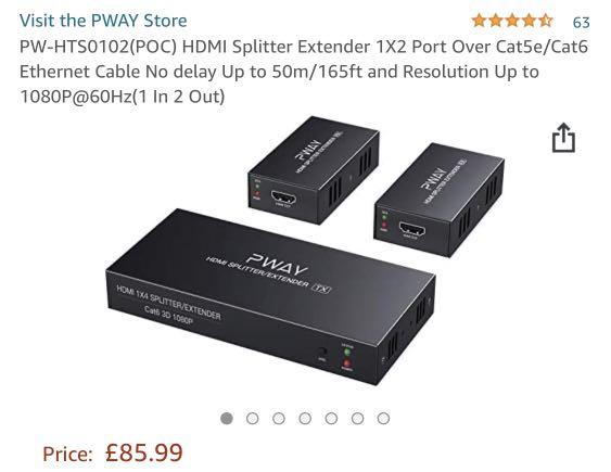 Cat7 with 1 HDMI Loopout 1080P@60Hz AV Signals Lossless Transmission 165Ft Over Ethernet Cat5e HDMI Extender Splitter 1x2 Port Up to 50M Cat6 