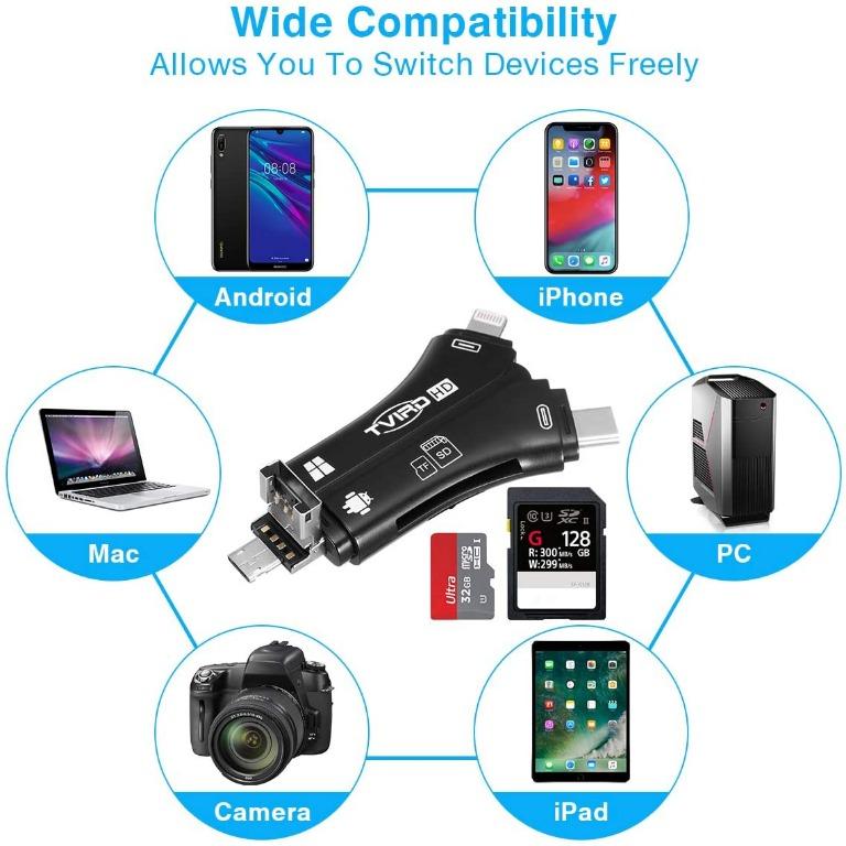 SD Card Reader for iPhone/iPad/Android/Mac/Computer/Camera, 4 in 1 Micro SD  Card