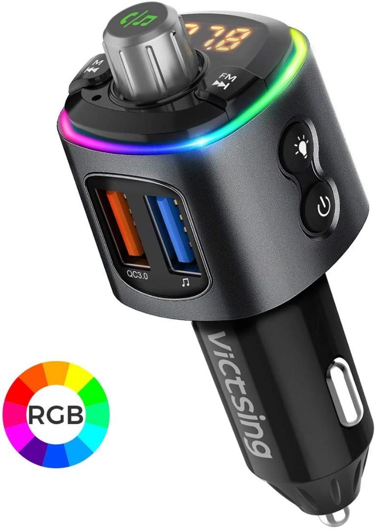 VicTsing RGB FM Transmitter Bluetooth 5.0 Bluetooth Car Transmitter with QC3.0 9 RGB Backlight Car Radio Transmitter with Hands Free Calls Siri