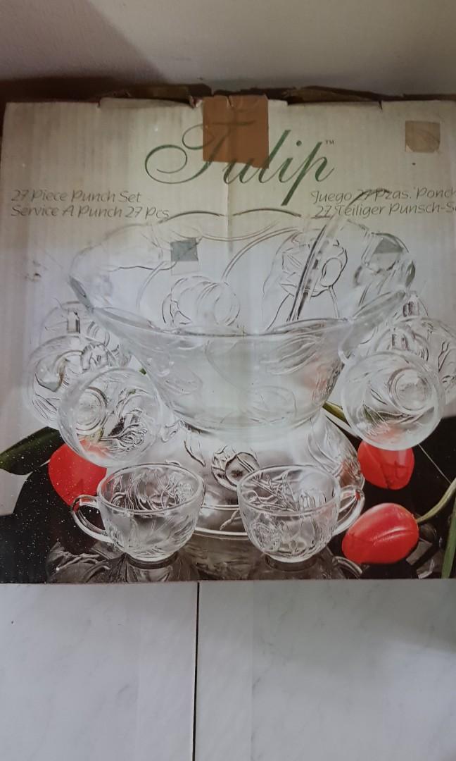 Vintage Punch Bowl Set (Category: Dinnerware & Cutlery) located in Las Pinas. Submitted by bellaprima888 (Listing ID 1052121026, Image 1). Description: Vintage Punch Bowl Set Brand New 27 Pieces 1 Bowl 1 Base 12 cups 12 plastic hooks 1 Ladle.