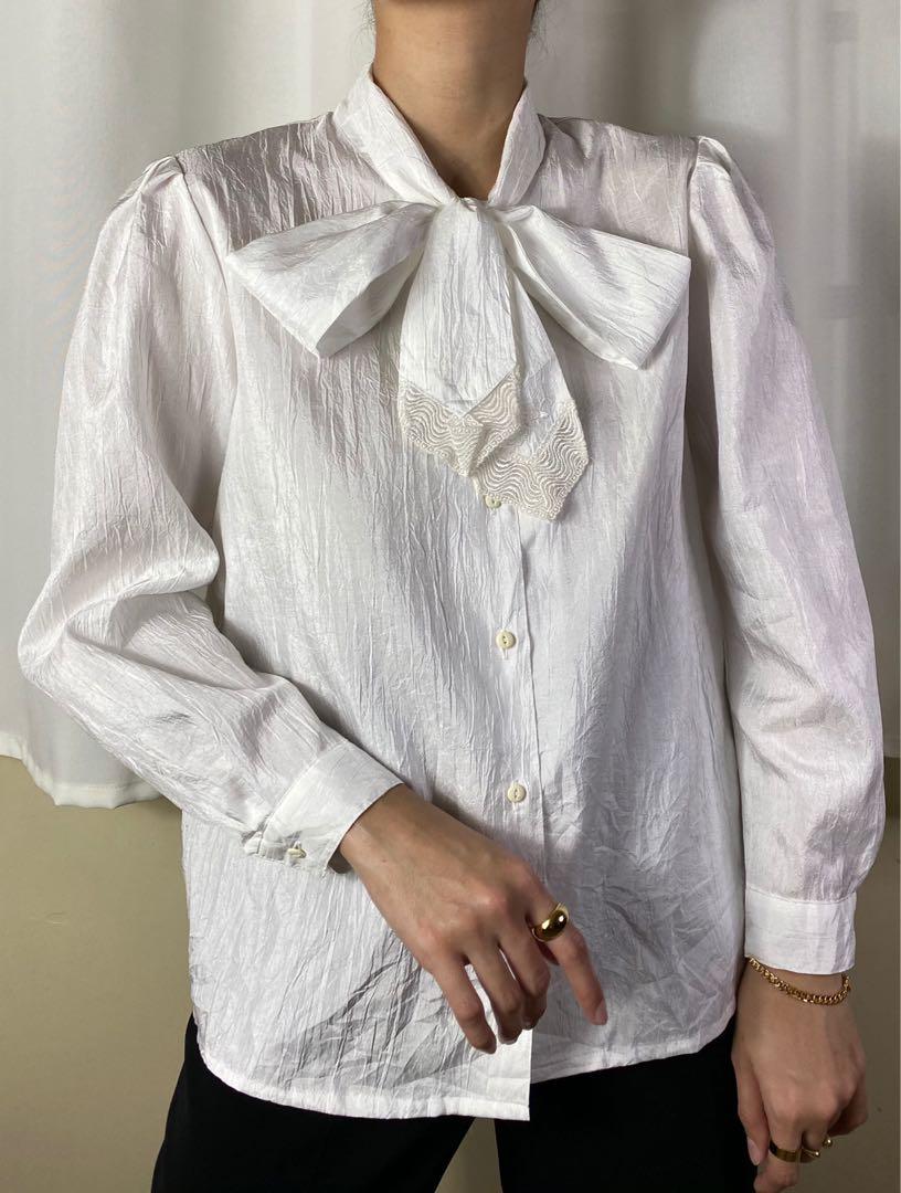 White vintage silk blouse ribbon collar 