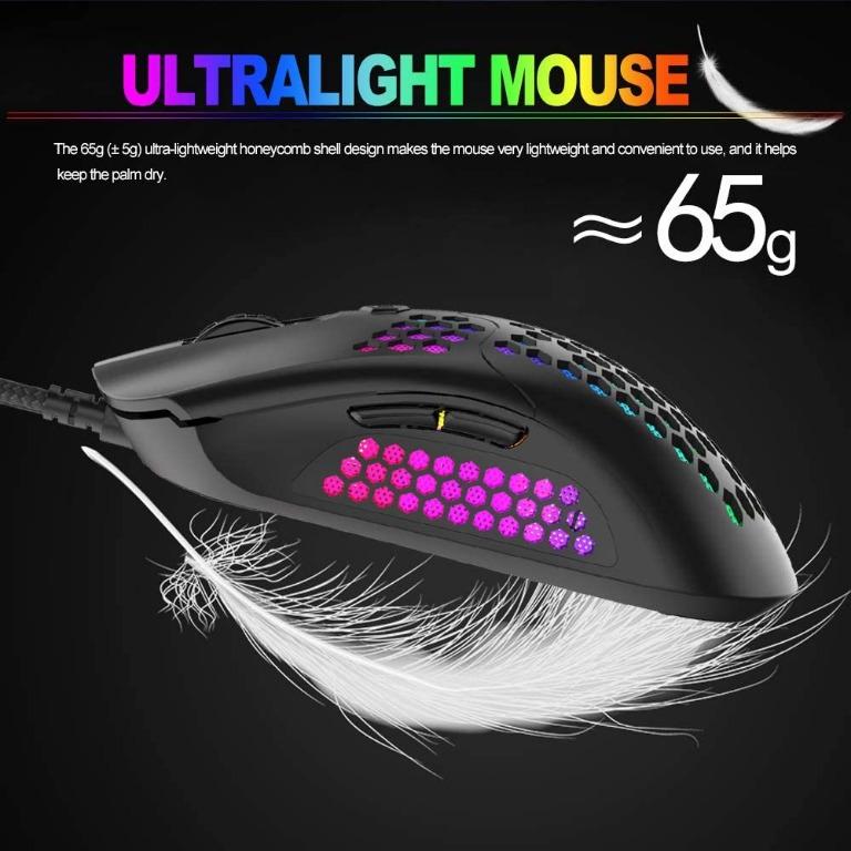 Wired Lightweight Gaming Mouse,26 RGB Backlit Mice with 7 Buttons  Programmable Driver, PAW3325 12000DPI Mice, Ultralight Honeycomb Shell  Ultraweave Cable Mouse for PC Gamers and Xbox and PS4 Users 