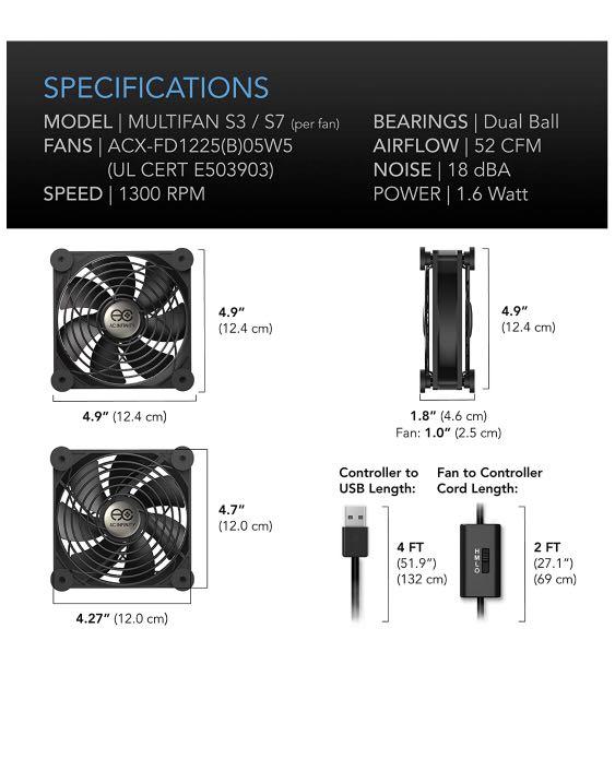 AC Infinity MULTIFAN S7, Quiet Dual 120mm USB Fan, ULCertified for