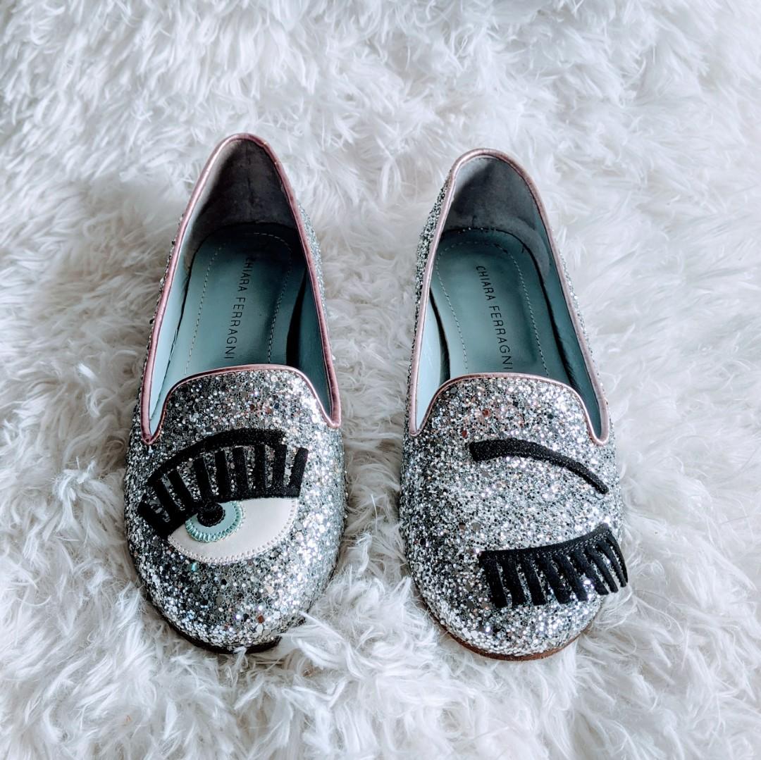 Chiara Ferragni Sneakers, Size 35 (IT, EU) 2.5 (UK), White, Silver Glitter,  Blue Details: : Fashion