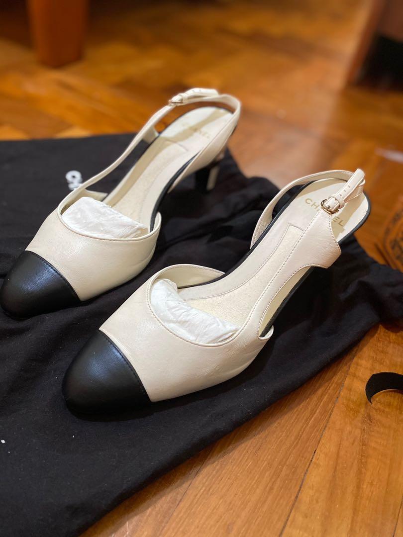 Chanel 2019 toe sling back heel pumps with pearl Women s Fashion Footwear Heels on Carousell