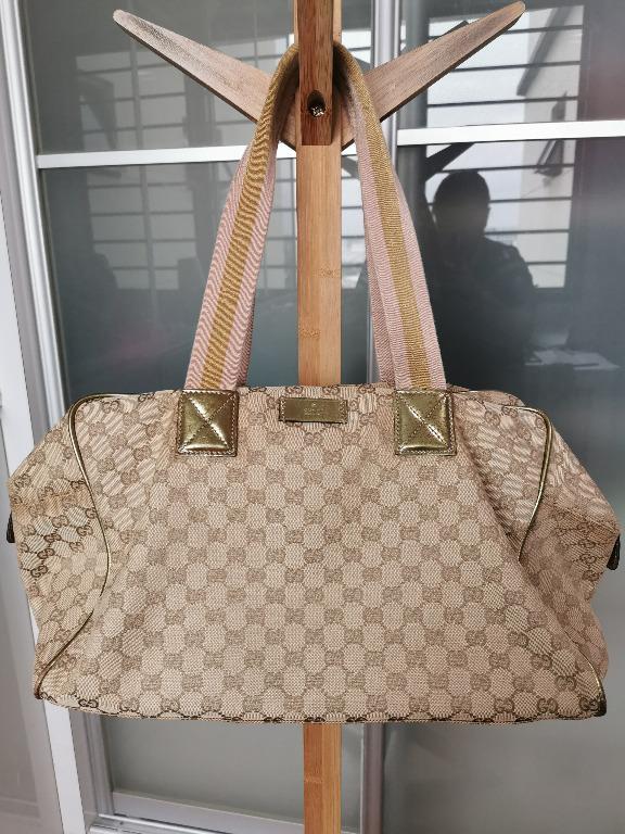 GUCCI MEDIUM CARRY ON DUFFLE BEIGE MONOGRAM CANVAS BAG PINK GOLD HANDLE ZIPPER CLOSURE