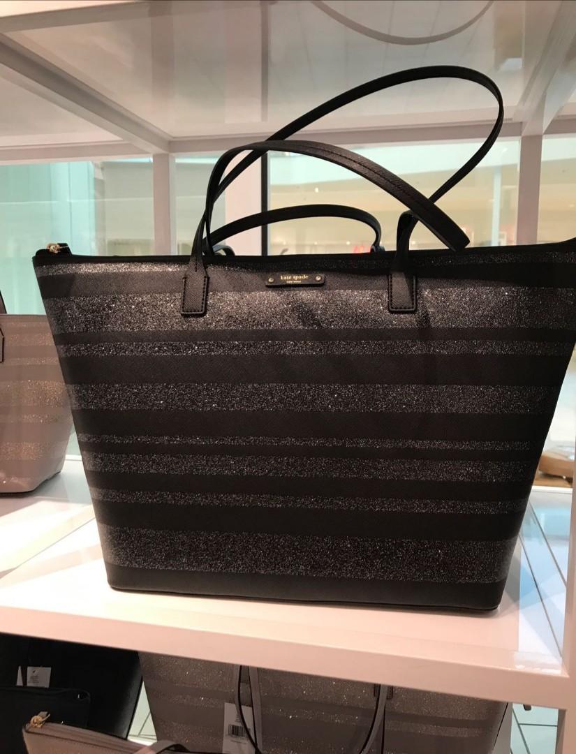 Kate Spade Haven Lane Large Hani Tote Glitter Stripe Black Silver Handbag