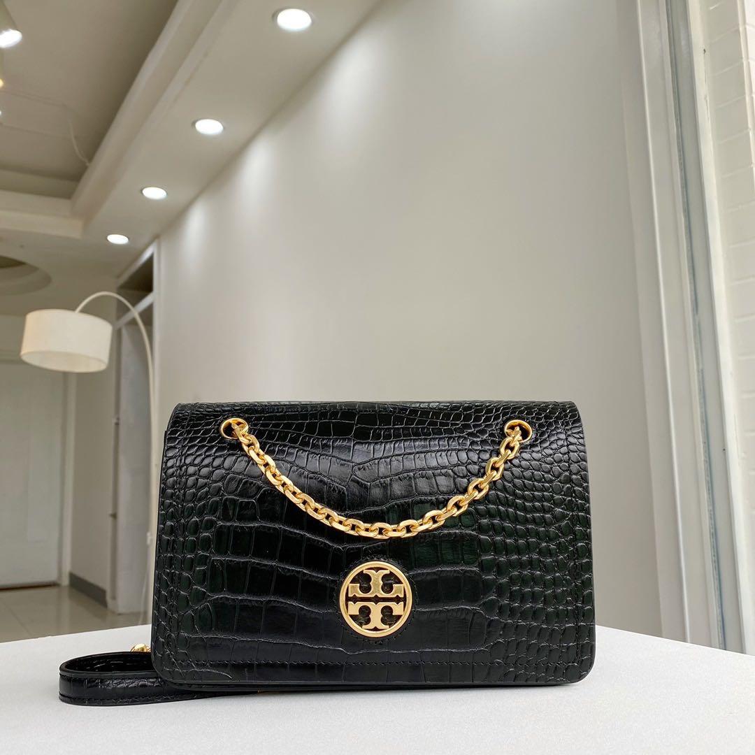 Tory Burch Carson Croc embossed leather crossbody bag black red white