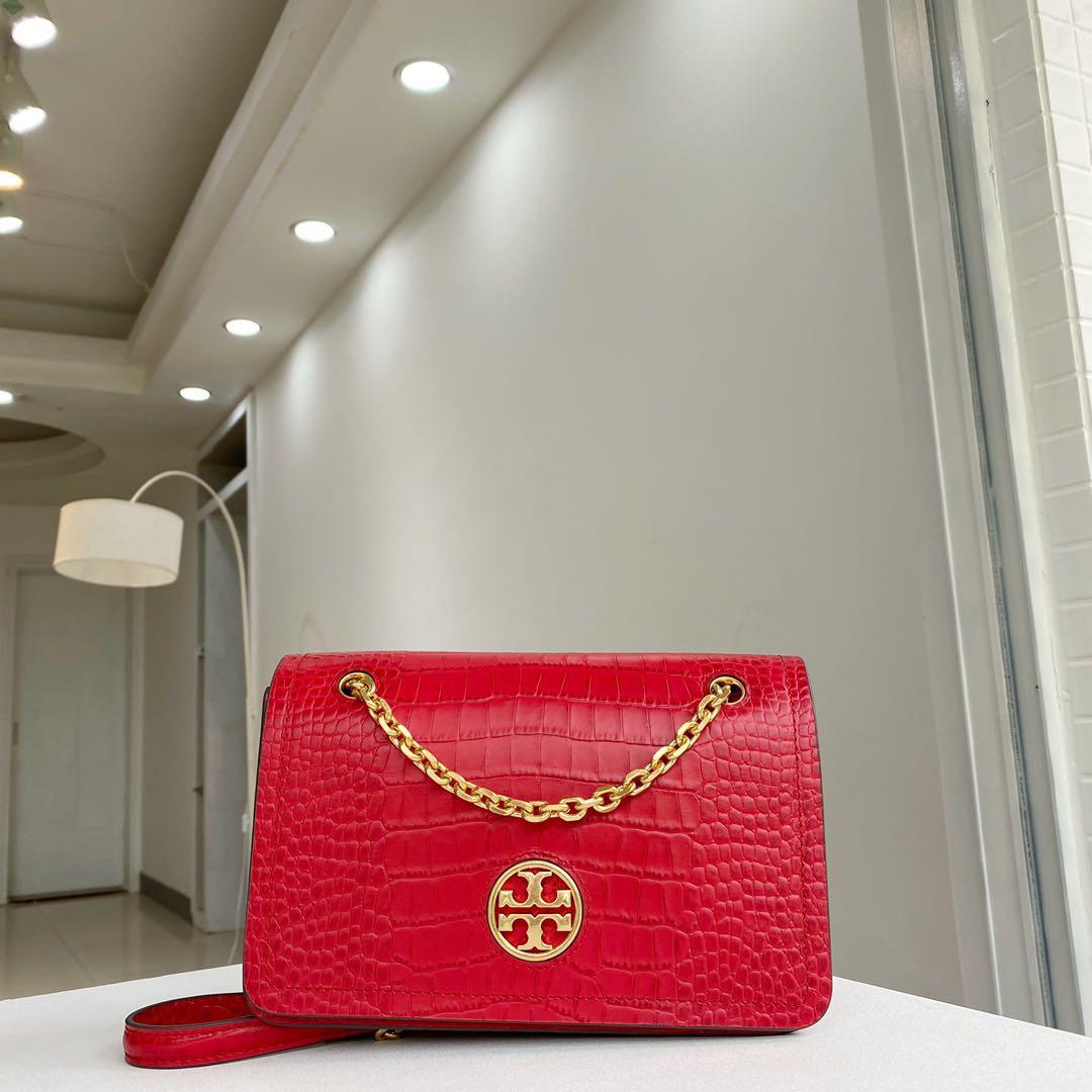 Tory Burch Carson Croc embossed leather crossbody bag black red white,  Women's Fashion, Bags & Wallets, Purses & Pouches on Carousell