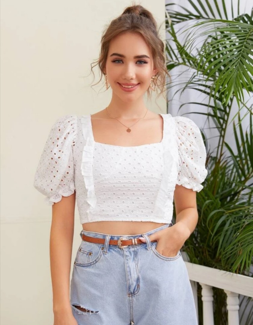 Eyelet Puff Sleeve Top Women s Fashion Tops Blouses on Carousell