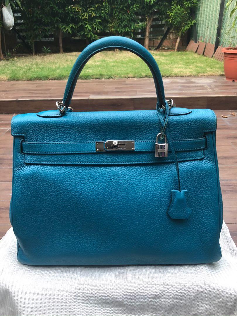 Hermes Kelly bag 35 Retourne Blue izmir Clemence leather Silver hardware