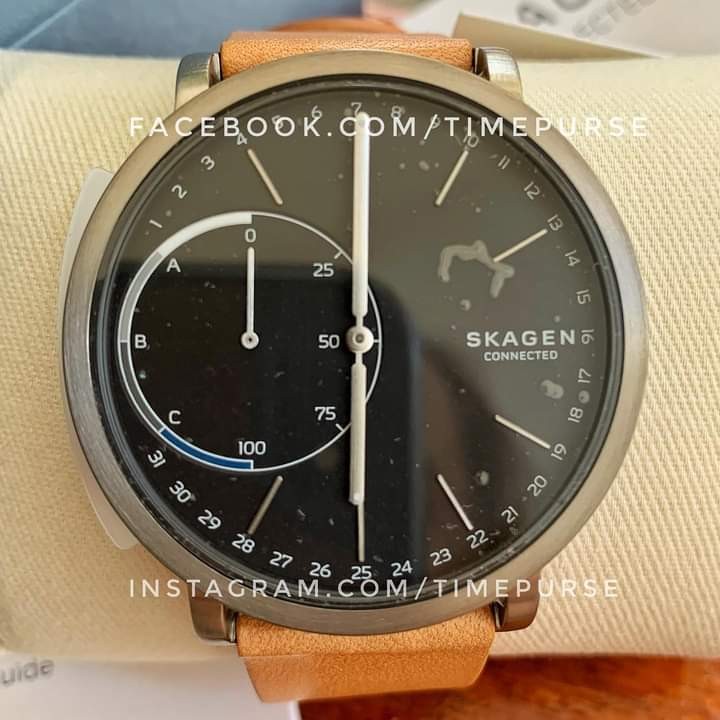 Orig Skagen Hagen SKT1104 Hybrid Smartwatch Black Dial Tan Leather
