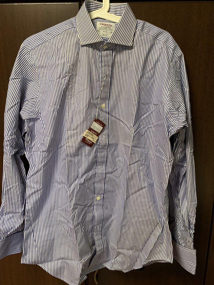 T.M. Lewin Mens 36 15.5 S Formal Shirt Blue Striped Cotton Fully
