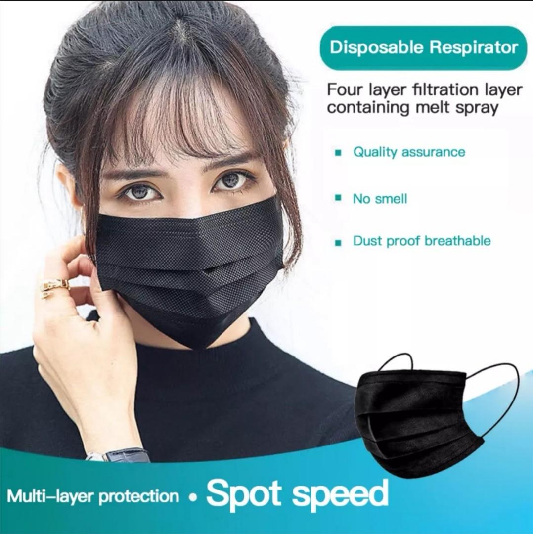 50 pcs black (white inside) disposable face mask, Health & Nutrition