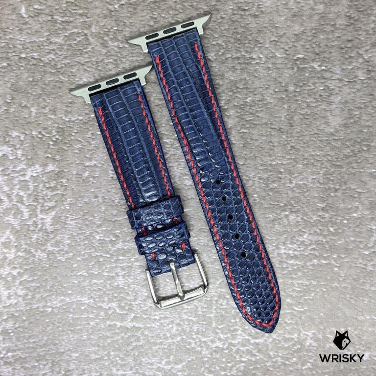 Sold 18mm Deep Sea Blue French Lizard Watch Strap With Red Contrast Stitch For