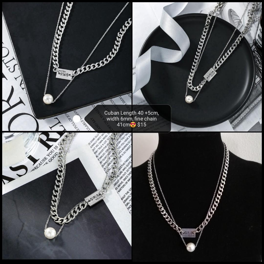 Necklaces (Category: Necklaces) located in Singapore. Submitted by geniebeads (Listing ID 1052607289, Image 3). Description: Different necklaces at different prices 🎶 1)K-wave silver Cuban n thin necklace w pearl, striking contrast beauty @$15 📢2) crystal bracelet @$8😘 beautiful n affordable, wrist up to 15cm Bracelet showcase a 2 layered crystal embedded centrepiece w snake clasp 🎶 3)Lovely cube pendant on fine silver box chain @$11, cube pe