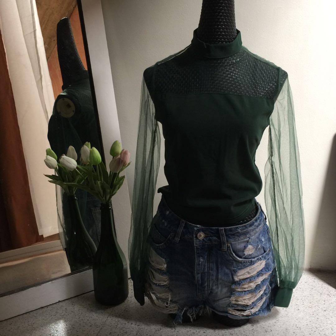 SHEIN Dark Green Mesh Top, Women's Fashion, Tops, Others Tops on Carousell
