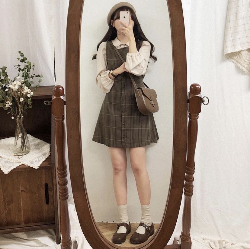 Brown plaid pinafore dress, Women's 