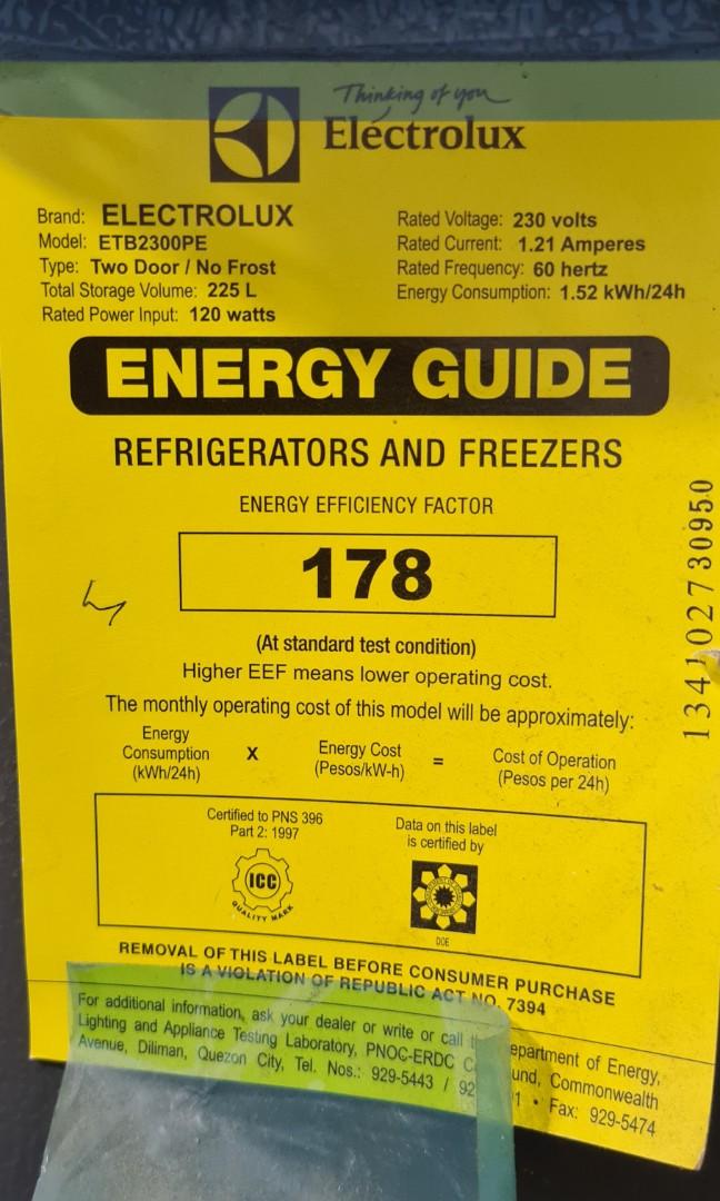 Electrolux clearance refrigerator wattage