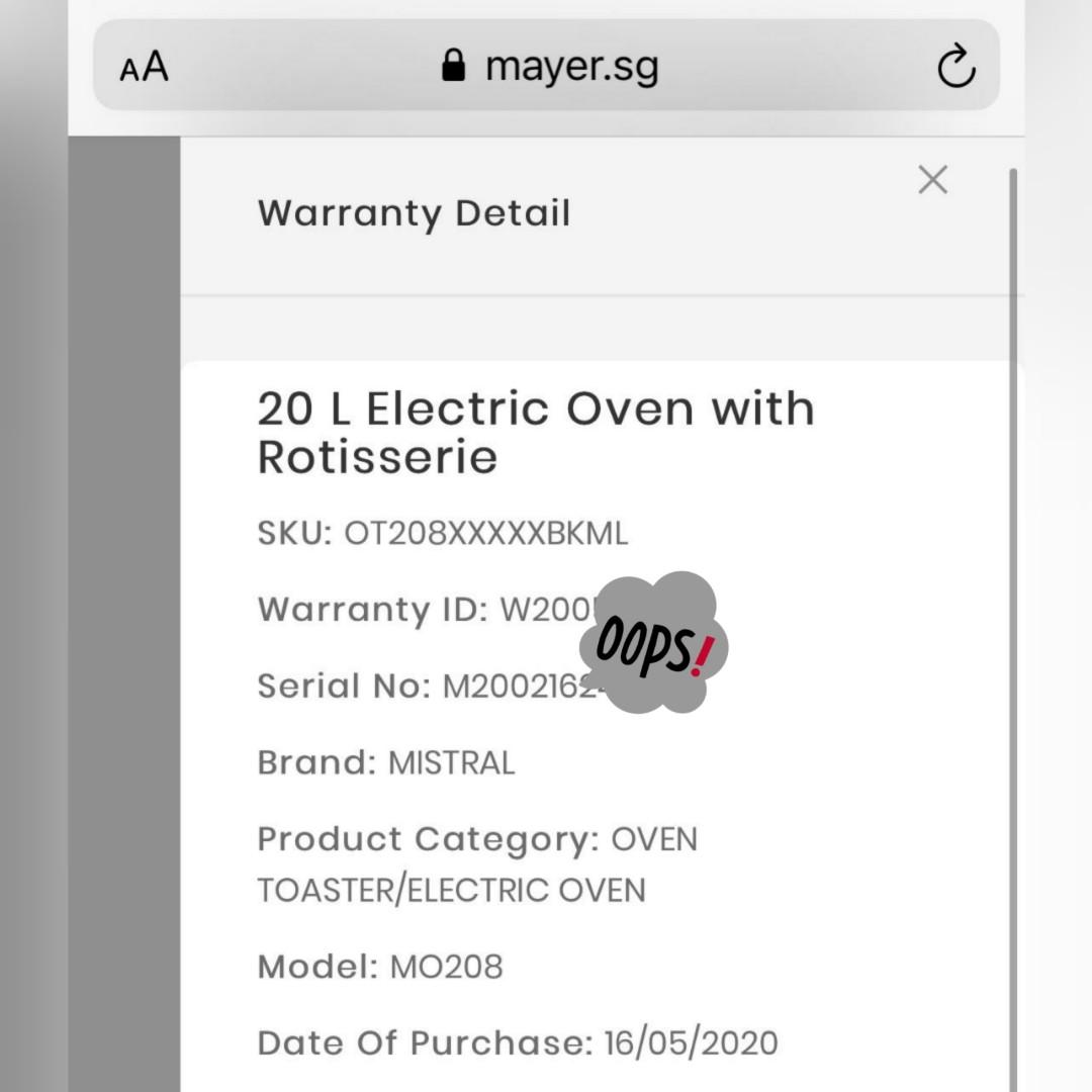 (Under Warranty) Mistral Oven 20L, TV & Home Appliances, Kitchen