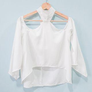 ✨[White Blouse]✨Plain Off Shoulder Long Flare Sleeve Blouse