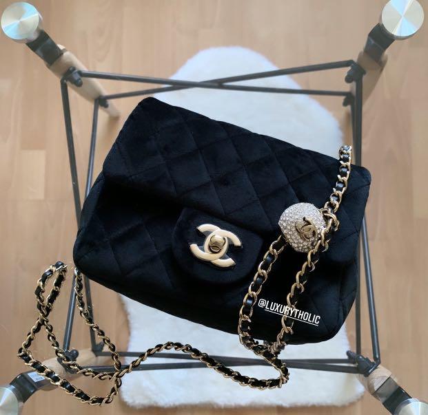 Chanel Mini Classic Flap Velvet with Crystal Ball Chain Black