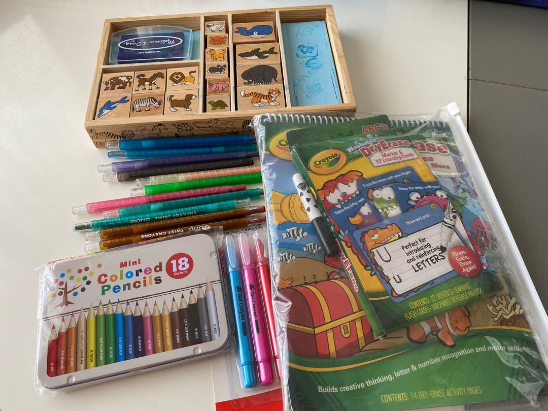 Dry Erase maze book & cards, Stamping kit, pencils & crayons, Hobbies