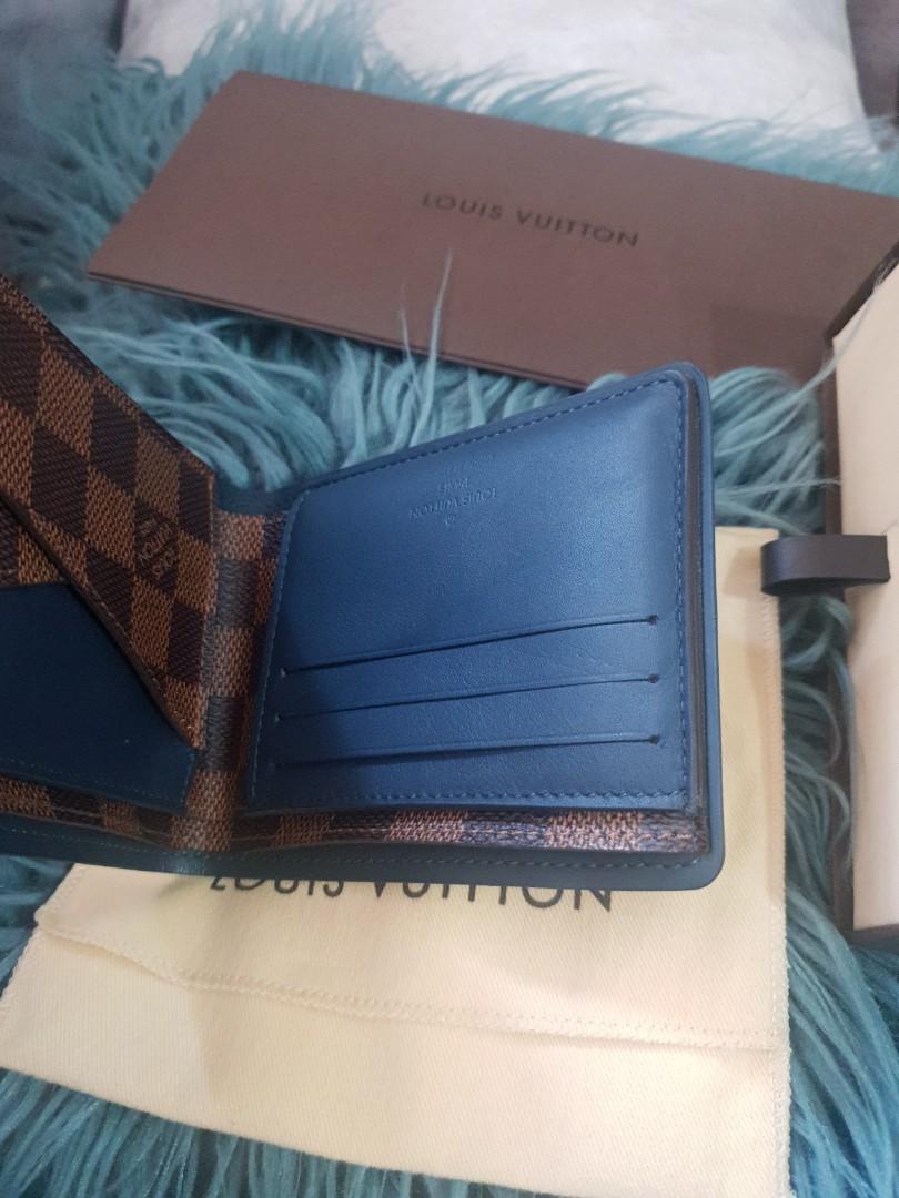 Louis Vuitton Damier Ebene Multiple Wallet with Bleu Calfskin