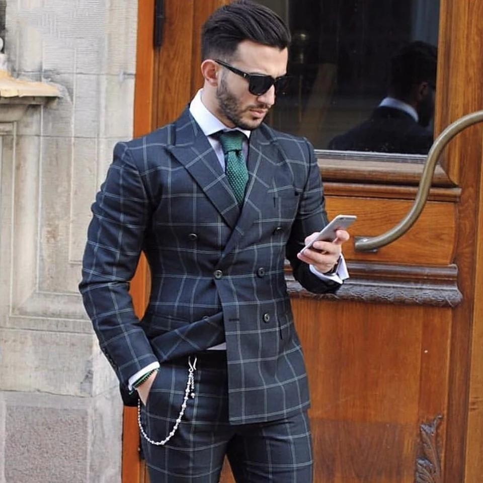 Blue checkered wedding suit on sale