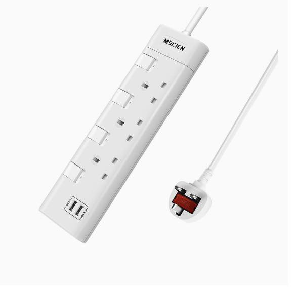 Mscien 3 Way 3M Extension Lead with 2 USB Slots Individually Switched