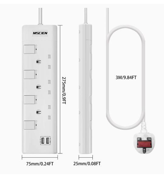 Mscien 3 Way 3M Extension Lead with 2 USB Slots Individually Switched