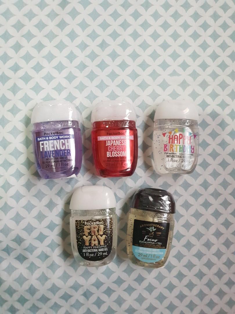 PocketBac Bath and Body Works (Category: Bath) located in Makati City. Submitted by herfishtails (Listing ID 1047012666, Image 1). Description: Bought in Dubai (original price Php 210 each) BRAND NEW Bath and Body Works PocketBac Take all for Php 800 1.) French Lavender 2.) Japanese Cherry Blossom 3.) Happy Birthday 4.) Friyay 5.) Aromatherapy Focus- Eucalyptus + Tea RFS: bought too much All items will be sterilized with hospital-grade UV-C light