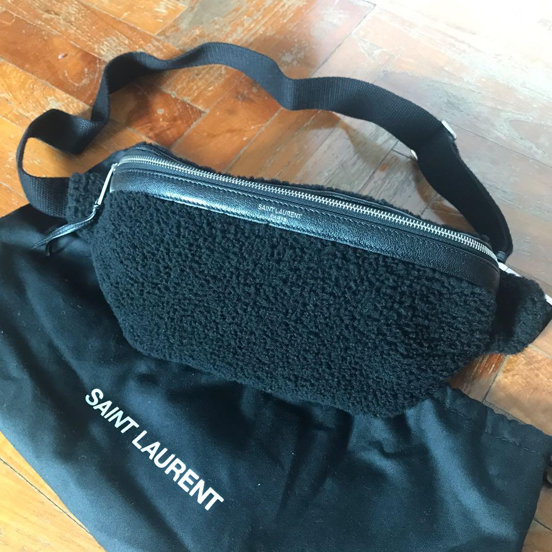 Saint Laurent Logo Lettering Shearling Belt Bag in Black