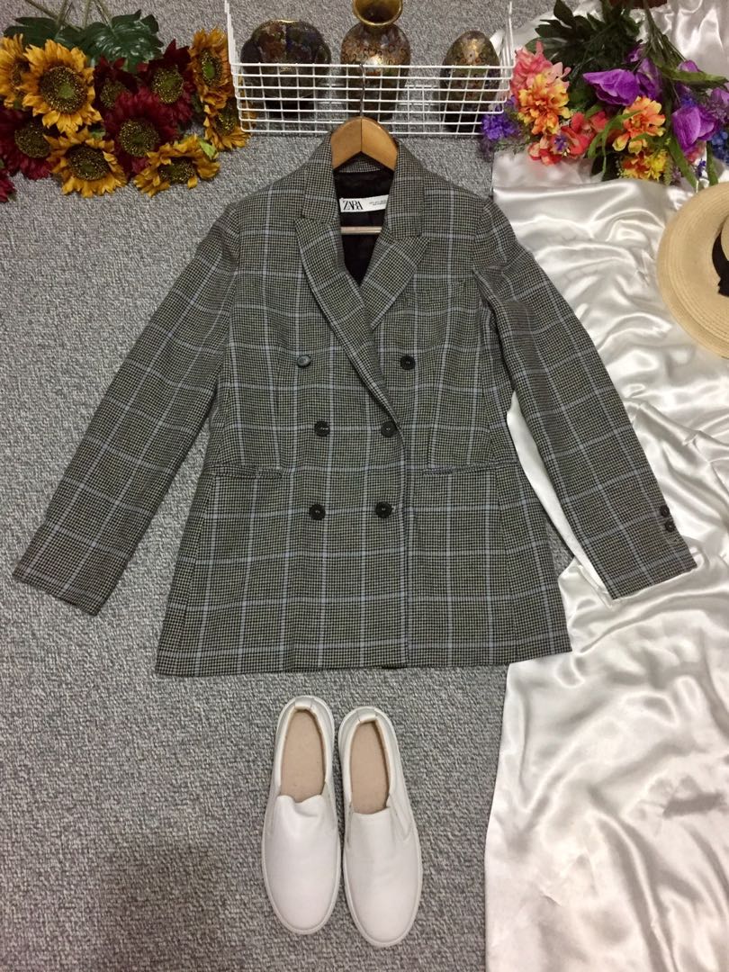 Zara plaid double breasted blazer clearance