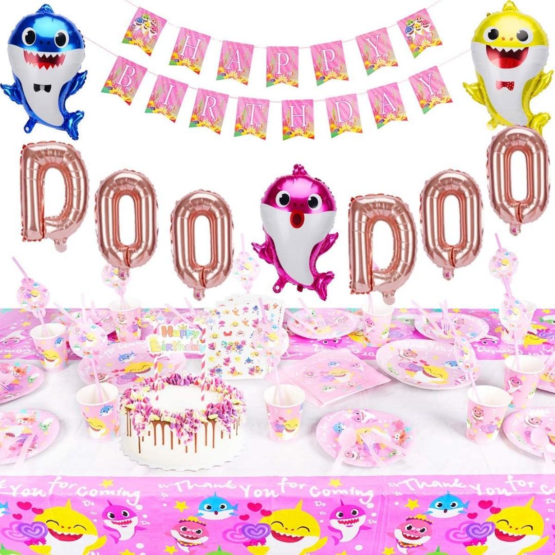 235 Pcs Baby Cute Shark Party Supplies Birthday Decorations Set Baby Shark Doo Doo Balloons Happy Birthday Banner Cake Topper Disposable Tableware Tattoo Sticker For Kids Girl Birthday Carnival Party Hobbies