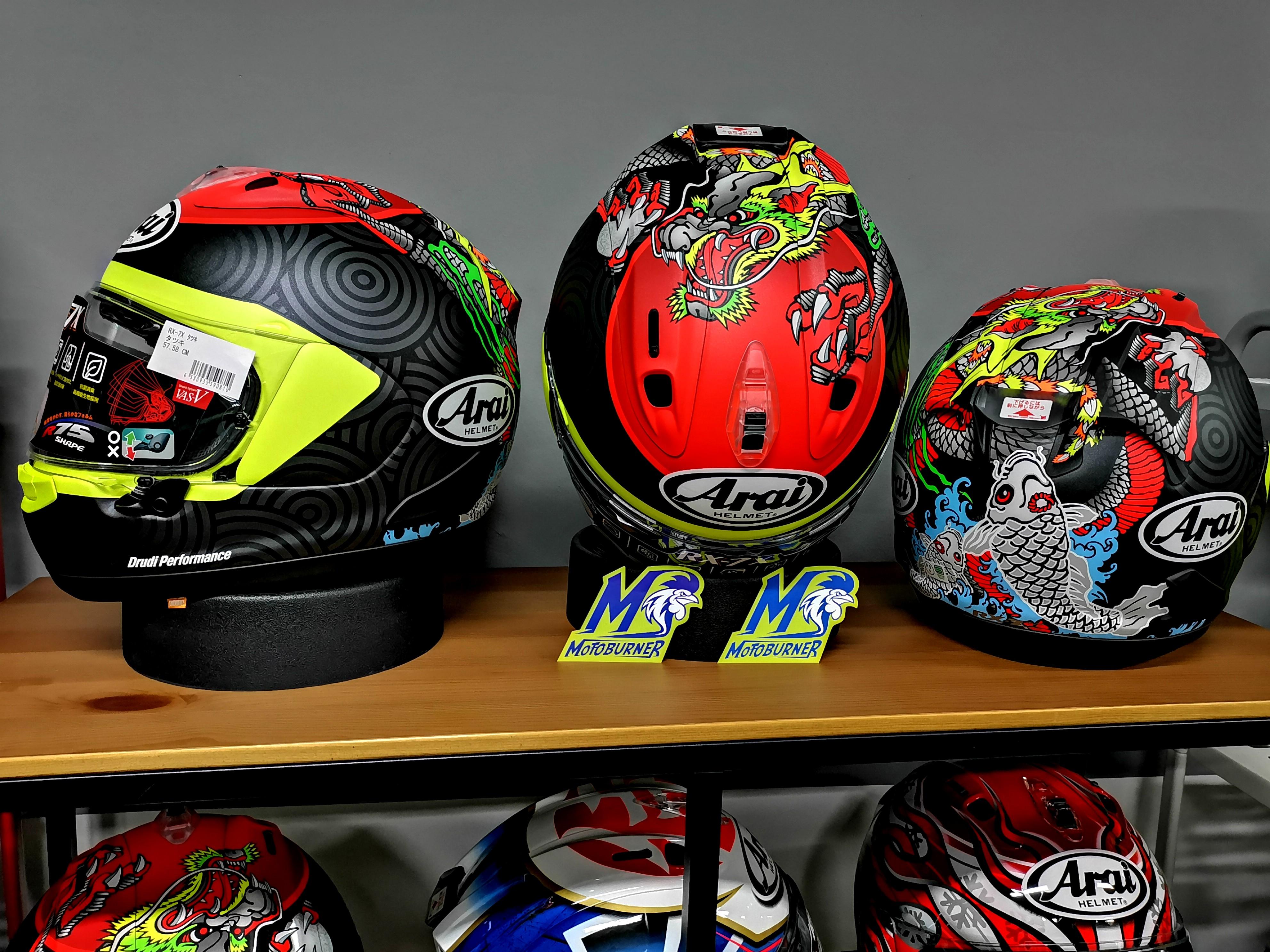 Arai helmets RX7X Tatsuki Dragon Oriental Haga Nakano (Category: Motorcycle Apparel) located in Singapore. Submitted by stellar_motoburner (Listing ID 1047275338, Image 1). Description: JDM Japan edition. Spoiler seperately available..