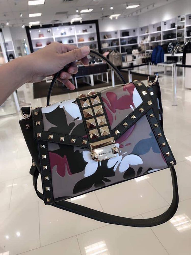 AUTHENTIC MK Michael Kors Whitney Medium Butterfly Camo Leather Satchel Bag Olive Combo
