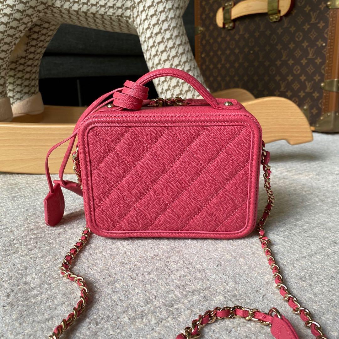 Chanel CC Filigree Vanity Case Patent in Small Pink PVC SHW Series 29,  Luxury, Bags & Wallets on Carousell