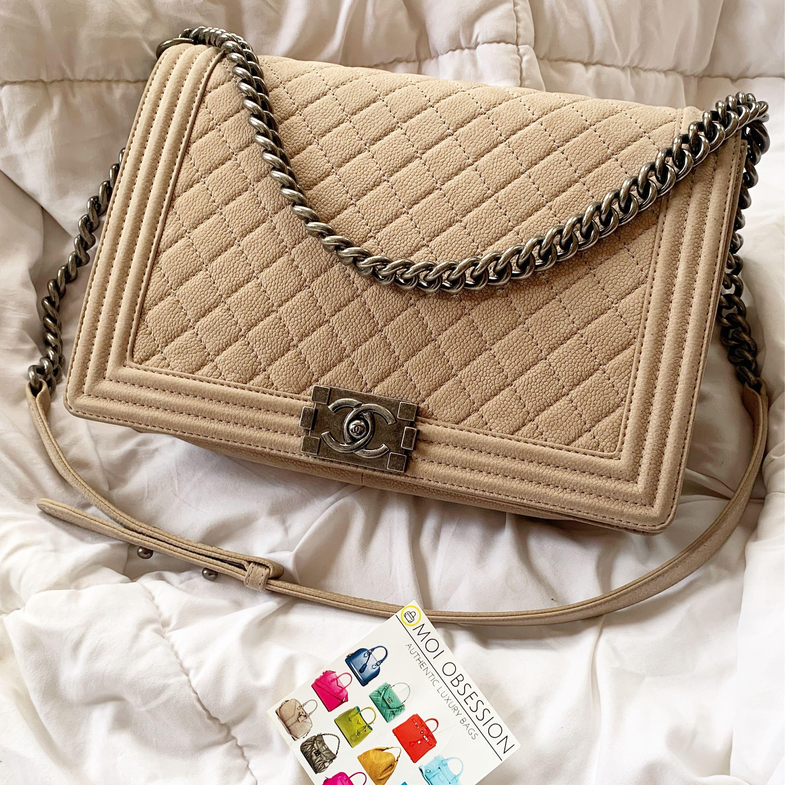 CHANEL LE BOY LARGE MATTE CAVIAR (Category: Luxury Bags & Wallets) located in Cagayan de Oro. Submitted by moiobsession (Listing ID 1047129643, Image 1). Description: FOLLOW US ON INSTAGRAM Moiobsession2 MUST GO! CHANEL Large Le Boy Matte Caviar Quilted Flap Shoulder Bag in Ruthenium or Aged Silver Hardware. -Actual Color Light Grayish Brown. Series 2014. -with dustbag -Push lock CC logo closure. -Textile lined compartment w/ a wall zip pocket, s