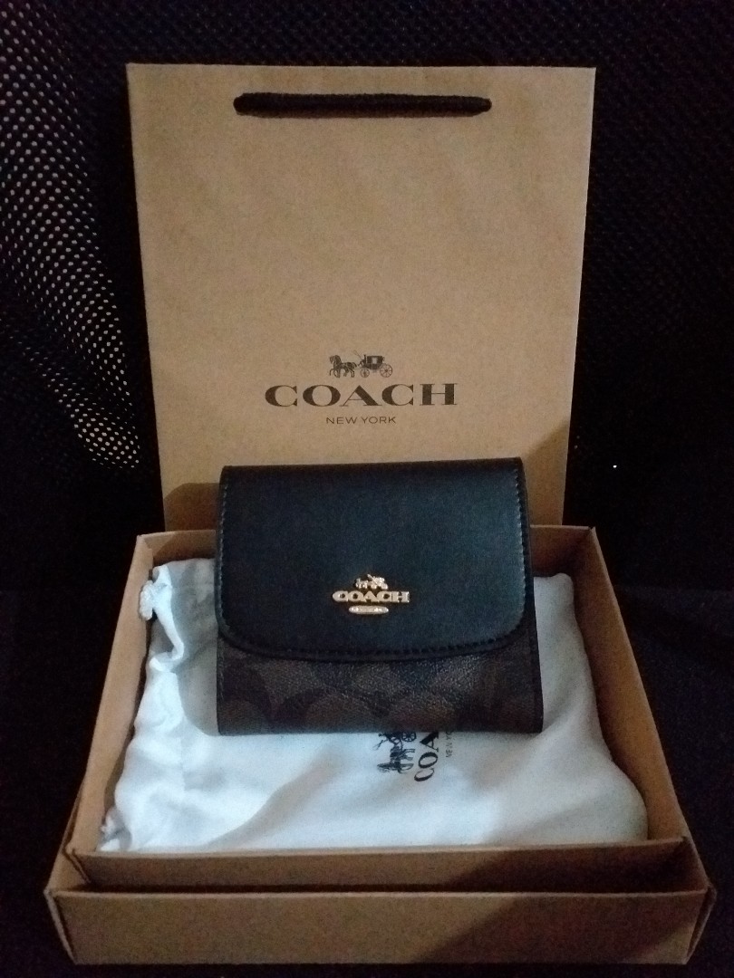 Coach Women's Trifold Wallet Black/Dark brown, Women's Fashion, Bags