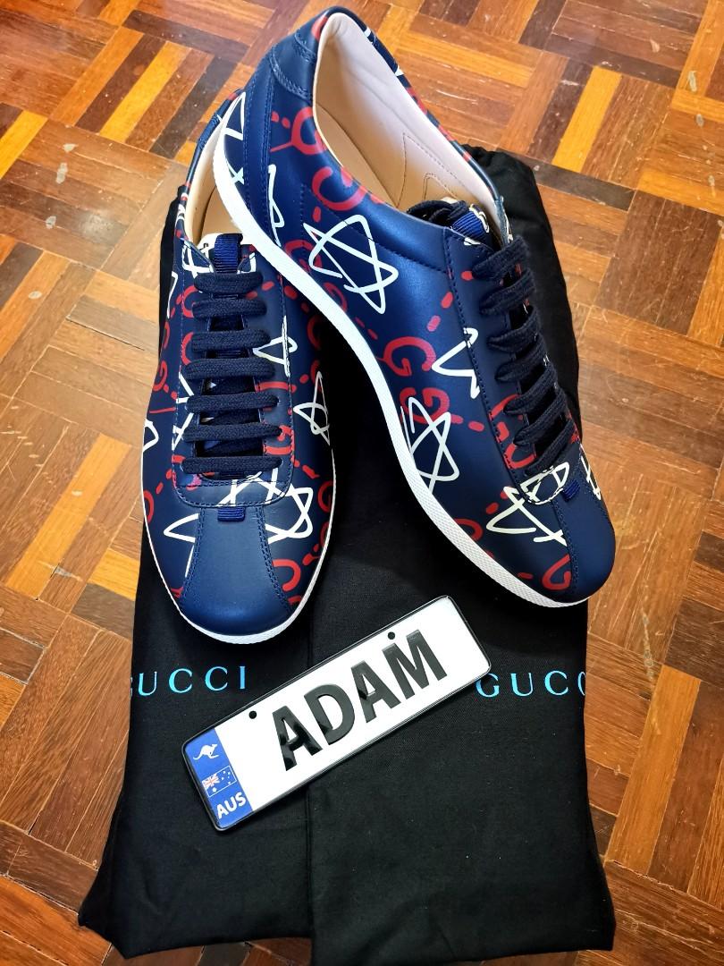 GUCCI GHOST BLUE LEATHER GRAFFITI PRINT LOW TOP SHOE SNEAKERS
