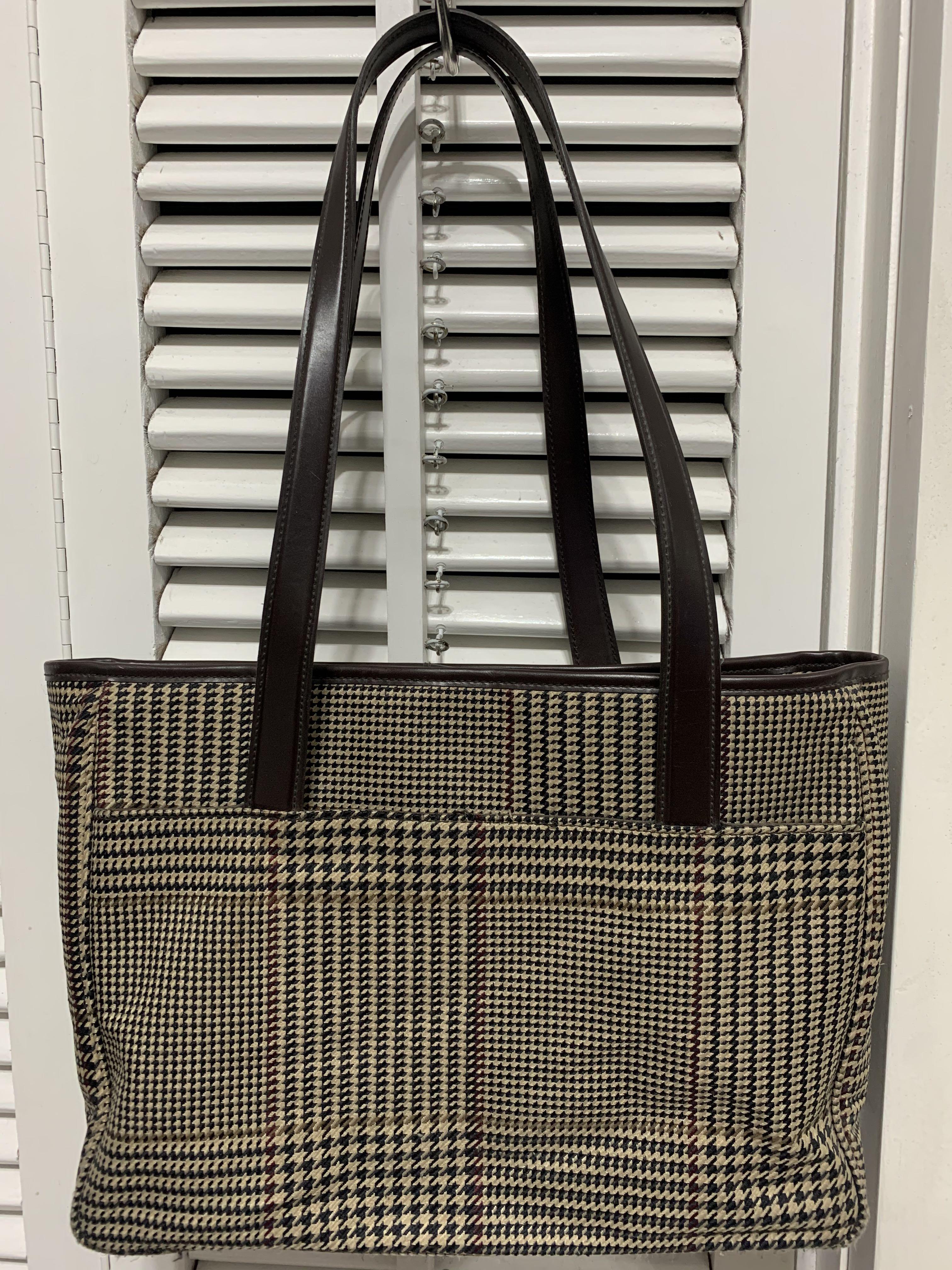 Ralph Lauren Houndstooth Plaid Canvas Brown Shoulder Bag Women s