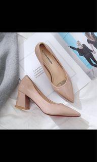 BN Nude Block Heels Korean Pumps Pointed-Heel Leather