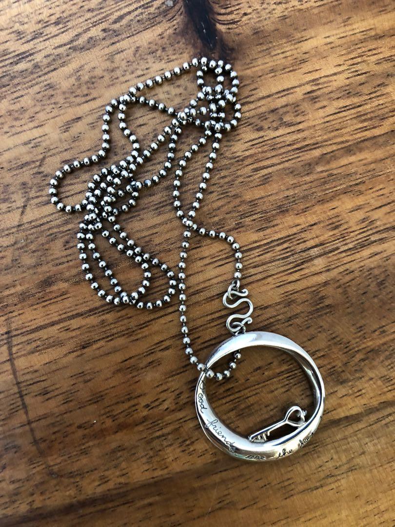 92.5 Silver pendant with silver ball chain (Category: Necklaces) located in Muntinlupa City. Submitted by declutter_with_me (Listing ID 1047390301, Image 1). Description: Silver pendant(with writing -“friends are key to happiness” ) with a silver ball chain. A rare travel find. Pendant size-1.25” Ball chain length- 24” .